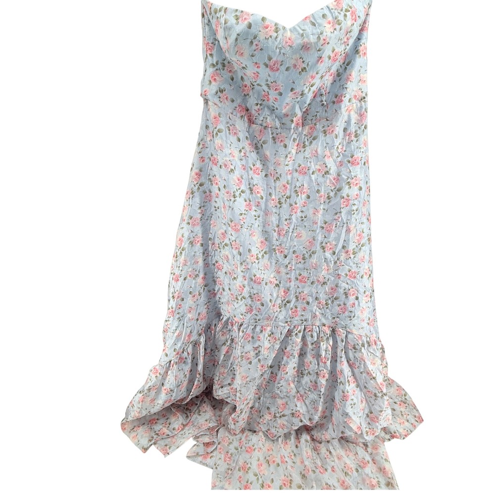 NWT Lulus Light Blue Floral Maxi Dress Strapless‎ Ruffle XL
